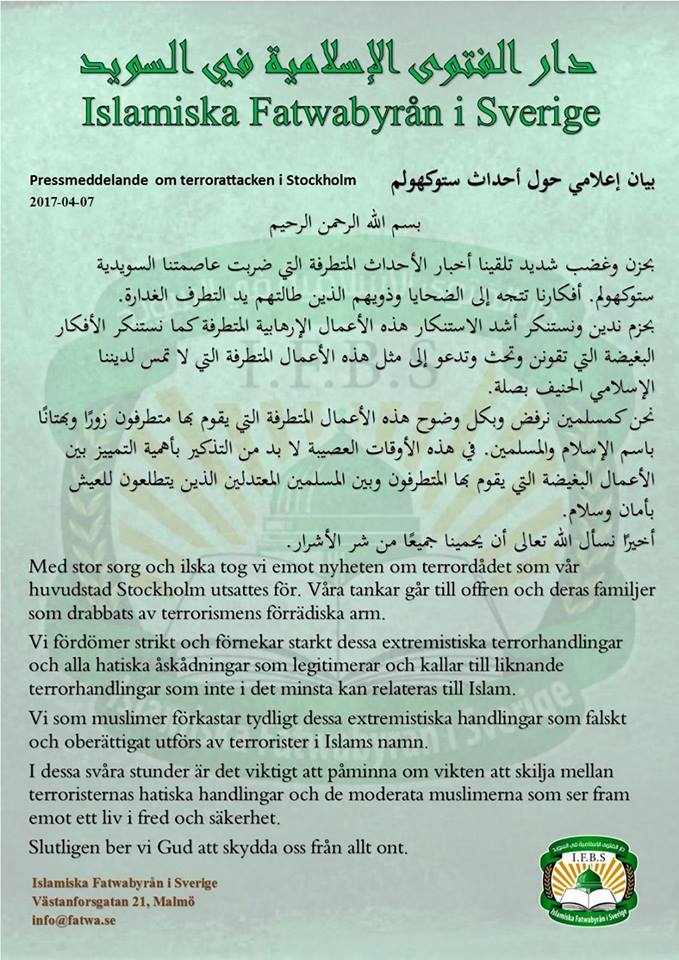Pressmeddelande om terrorattacken i Stockholm 2017-04-07 Pressmeddelande om terrorattacken i Stockholm 2017-04-07